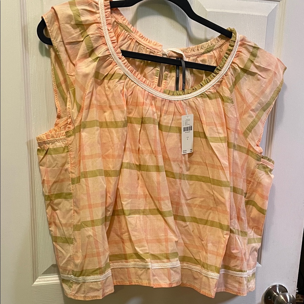 Anthropologie Pink and Olive Plaid Blouse